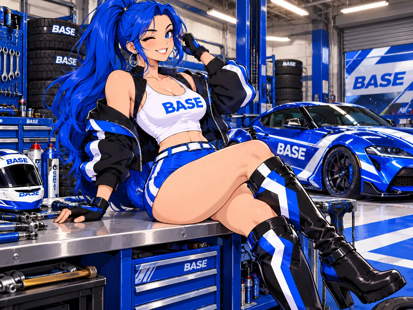 BASE Girl sitting on a tool bench in a racing garage