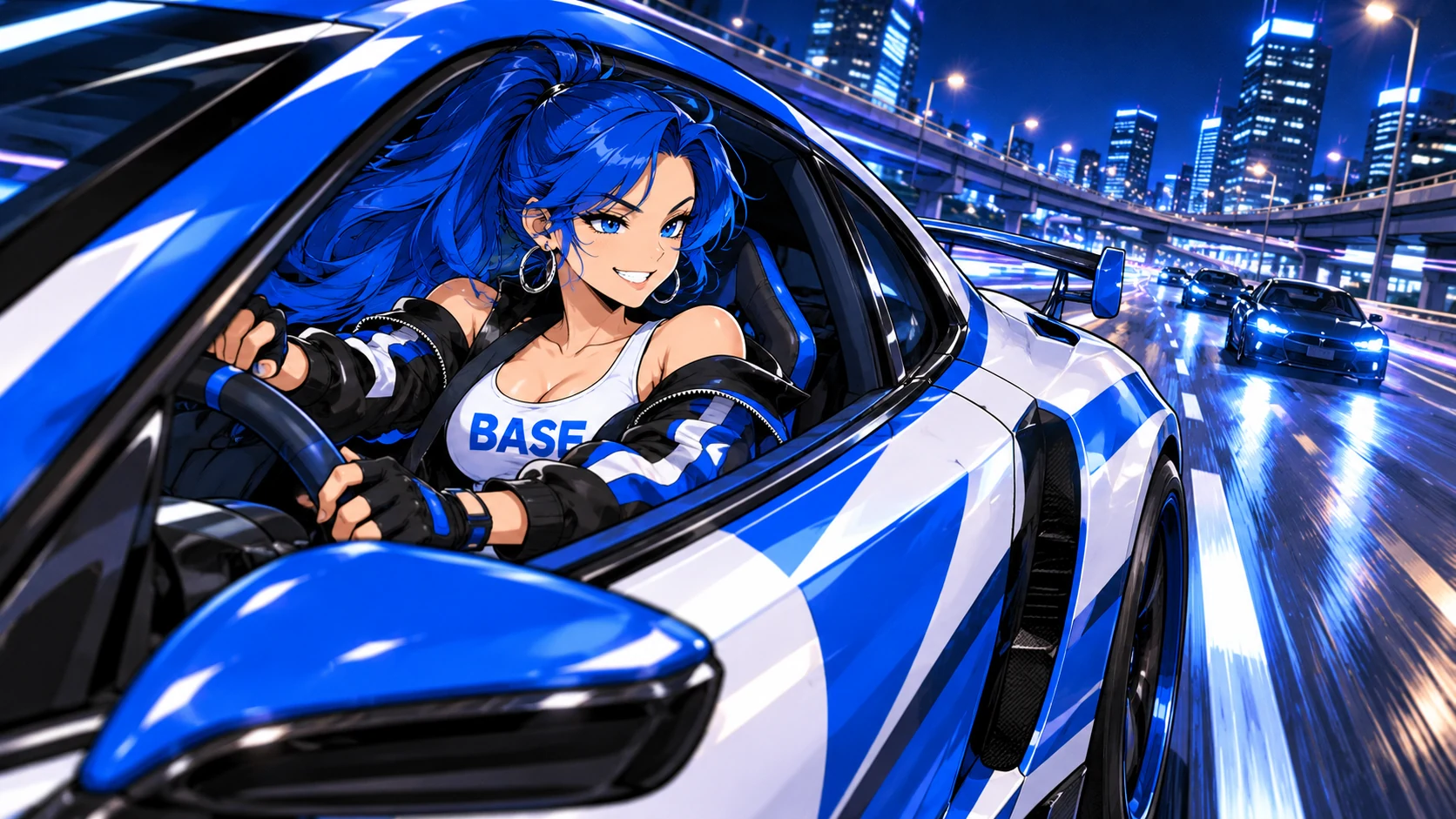 BASE Girl driving her blue supercar along a midnight city highway