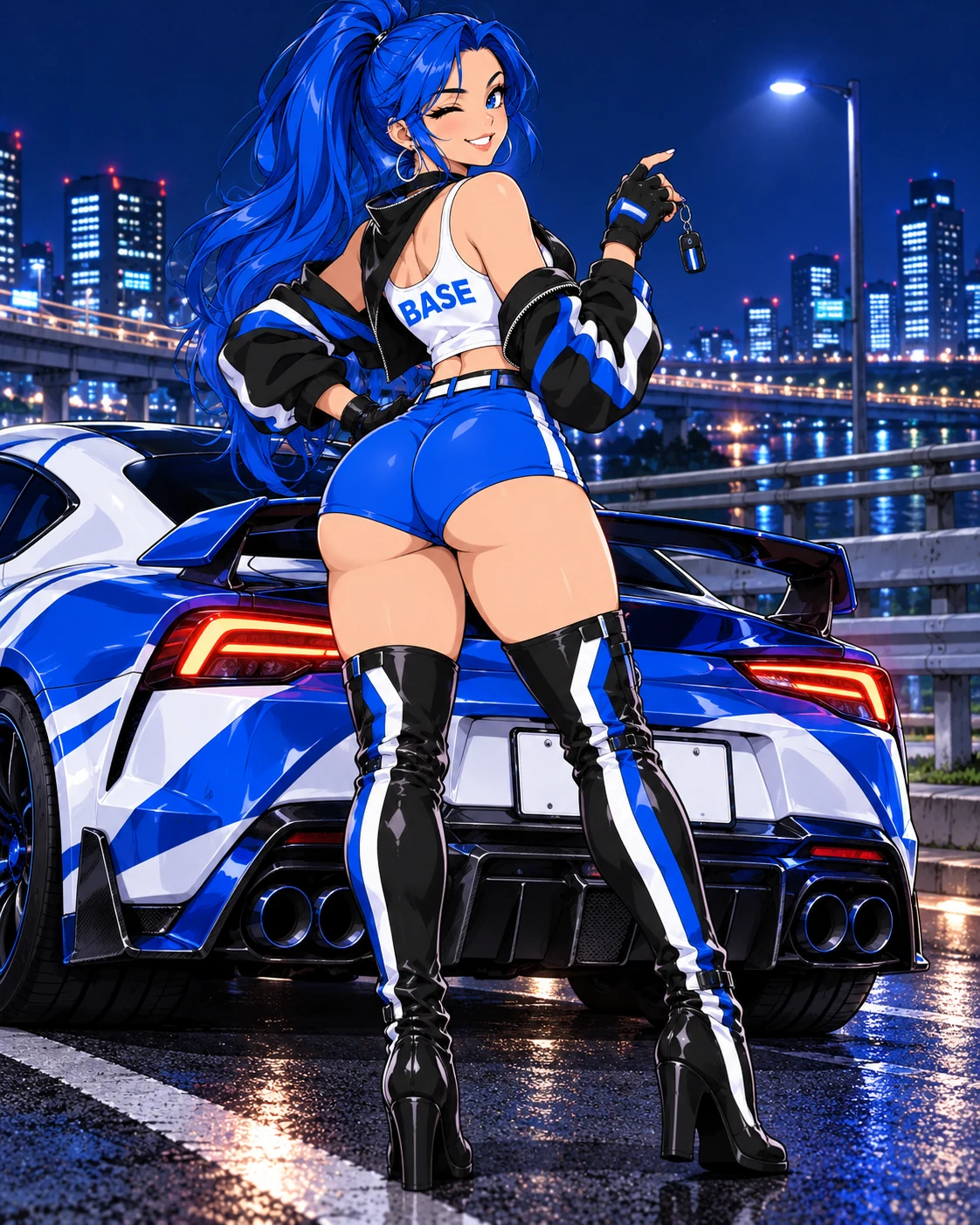 BASE Girl looking back beside the rear of a blue and white sports car