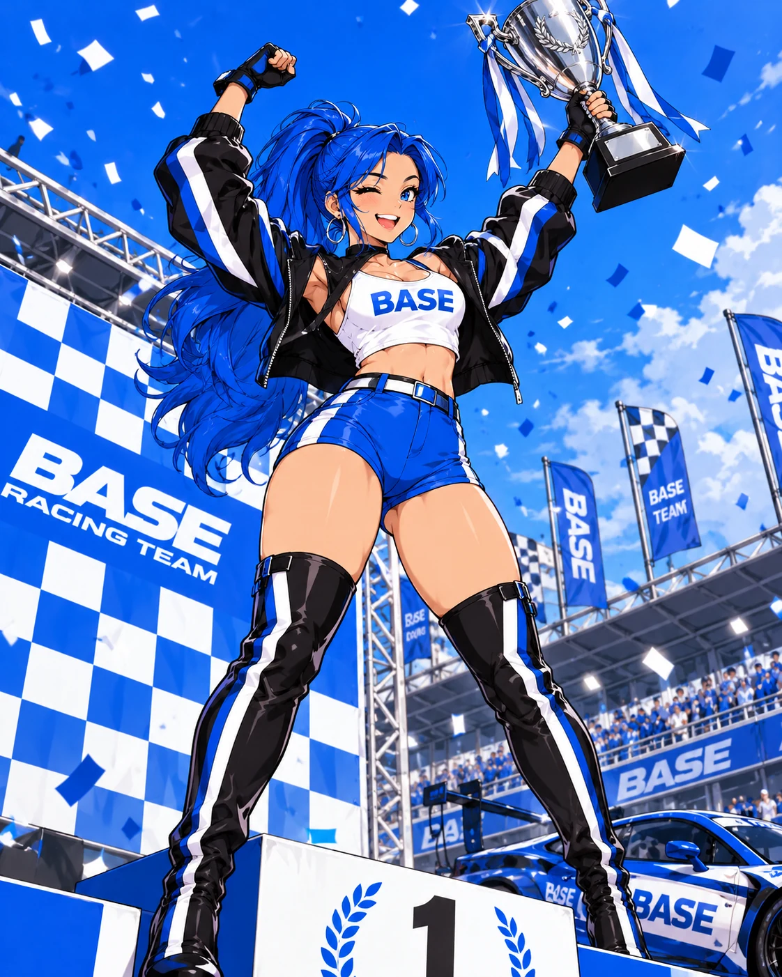 BASE Girl lifting a trophy on the race track podium amid blue and white confetti